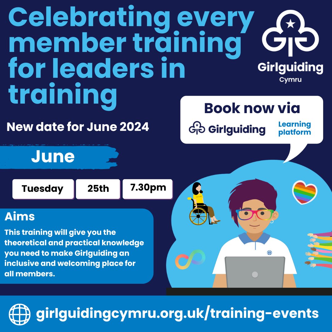 💻 Celebrating every member training for Leaders in training. Aim: This training will give you the theoretical and practical knowledge you need to make Girlguiding an inclusive and welcoming place for all members. Book your place here: girlguidingcymru.org.uk/training-events