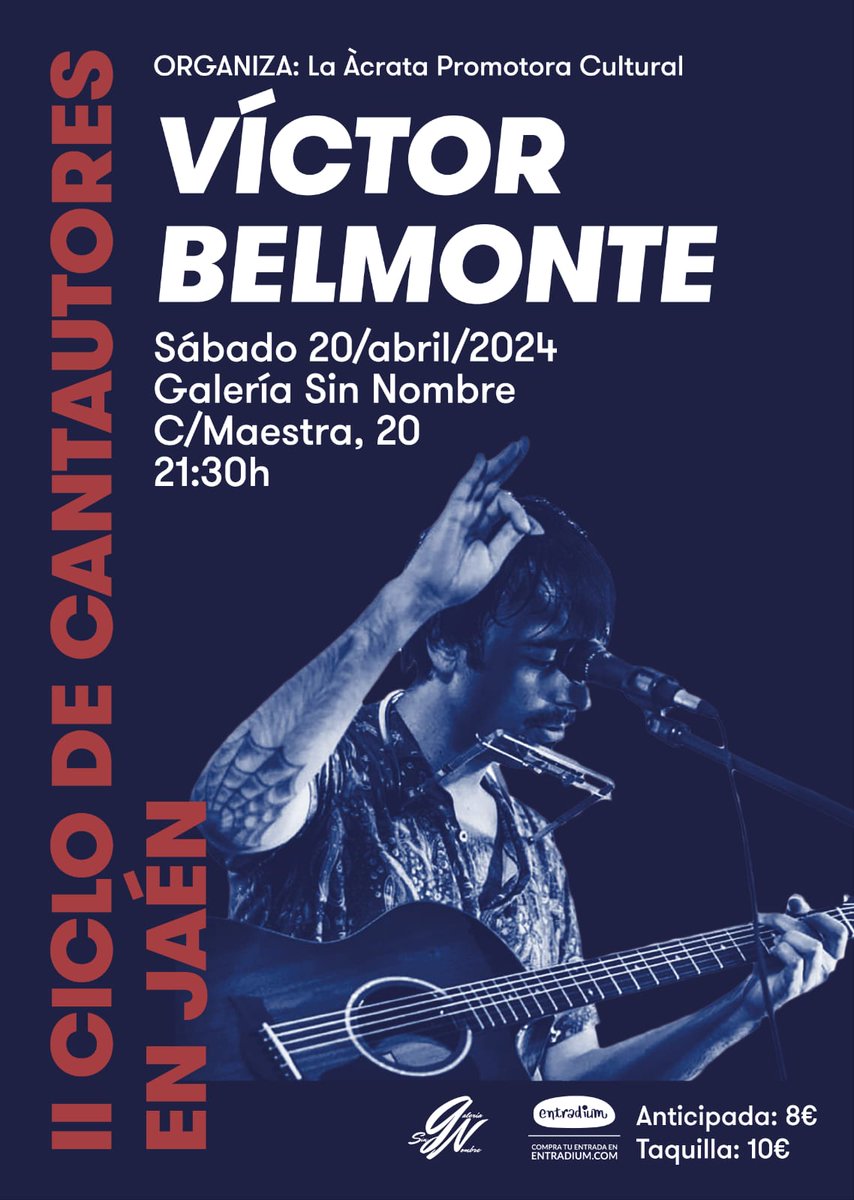 El sábado 20 de Abril a las 21:30 nos vemos en la Galería Sin Nombre de Jaén. 
Organiza este hermoso asunto La Àcrata Promotora Cultural. 
Iré pero que muy bien acompañado con el genial Jaime Hortelano. 
Entradas disponibles en entradium: 
entradium.com/events/victor-…

Os veo. 
Víctor