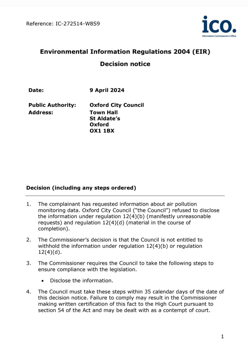 The @ICOnews has ruled the refusal of @OxfordCity to release raw NO2 pollution data, collected monthly, is unlawful. This data is typically only released the following year, six months after the final December collection period. Not any more. Fill your boots, citizen sleuths.