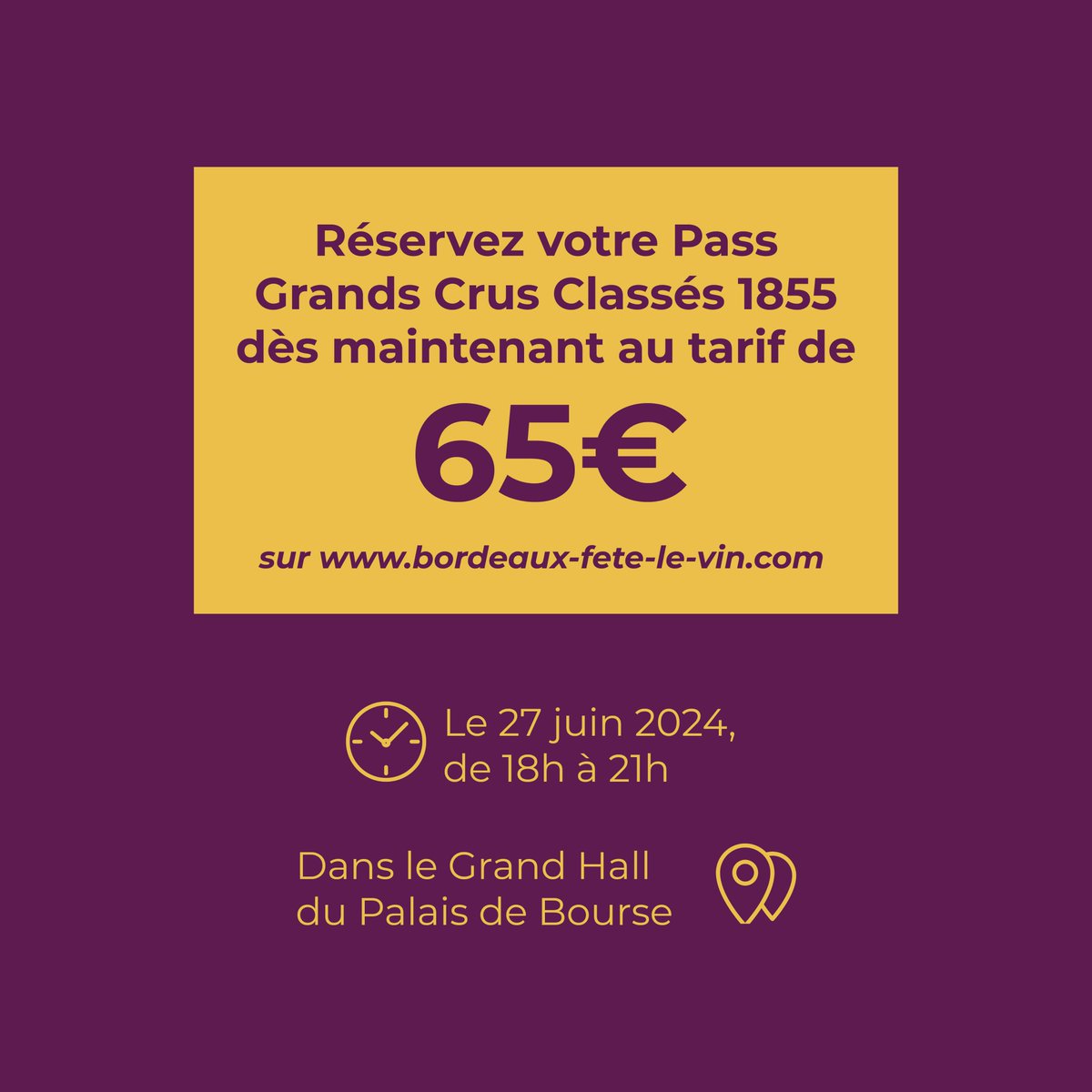Soirée Grands Crus Classés 1855 à #BFV2024✨ Vivez une expérience unique avec 7 châteaux légendaires de Bordeaux, en Médoc &amp; Sauternes, présentés en trois millésimes :

🗓️ 27 juin | Palais de la Bourse
 🍷 21 dégustations
🎟️ Tickets: 65€ | Réservation sur cutt.ly/0w4vHZ8W