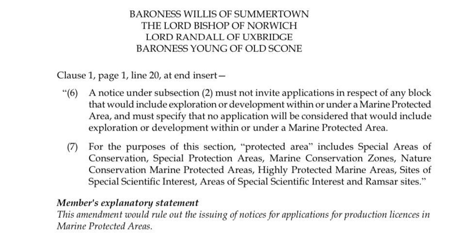 Peers have also tabled an amendment to the OPL Bill which would ban further licensing in marine protected areas - despite being “protected” @OceanaUK analysis is that 17% of the most recent licensing round overlapped with MPAs