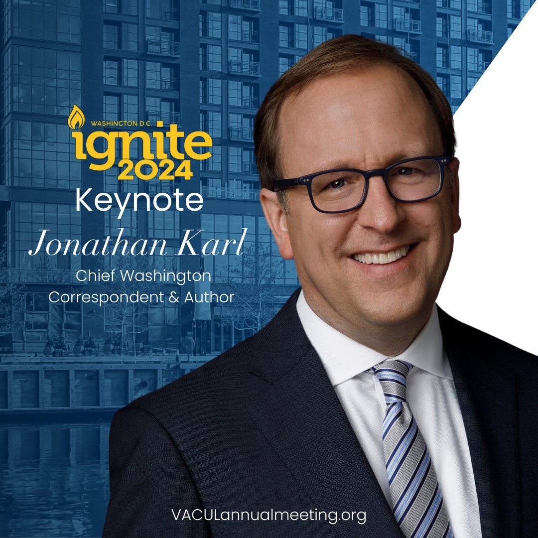 VACreditUnions's tweet photo. Excited to hear Chief Washington Correspondent Jonathan Karl speak at Virginia Credit Union League's Annual Meeting IGNITE! ๐ค May 1-3 Washington D.C. The Wharf
๐ต https://t.co/U6Xp4g7krz
#KeynoteSpeaker #Virginia #creditunion #creditunionsrock #cudifference #nova #dc #vacul https://t.co/hxnjgHmgaz