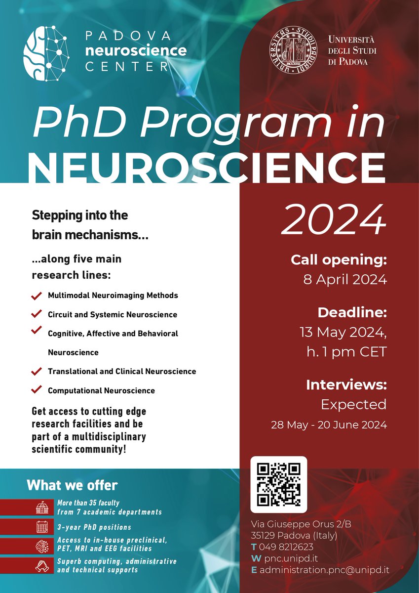 📢Great news📢
The new call for the #PhD program in #neuroscience <a href="/PNC_UniPD/">Padova Neuroscience Center</a> is open!
Submission deadline: 13 May 2024, 1:00 pm CET

What a great opportunity to delve into the #brain and perform cutting-edge #research! Be part of our interdisciplinary community!

Check details⬇️