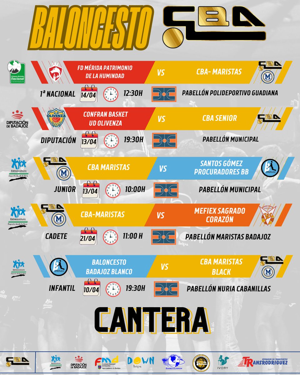 Ya tenemos los emparejamientos de nuestros equipos que quedan en competición para este fin de semana.
#CBAhacecantera
#CBAcademy
#CBAmethod #Badajoz
#basketball #baloncesto
#CBAfamily