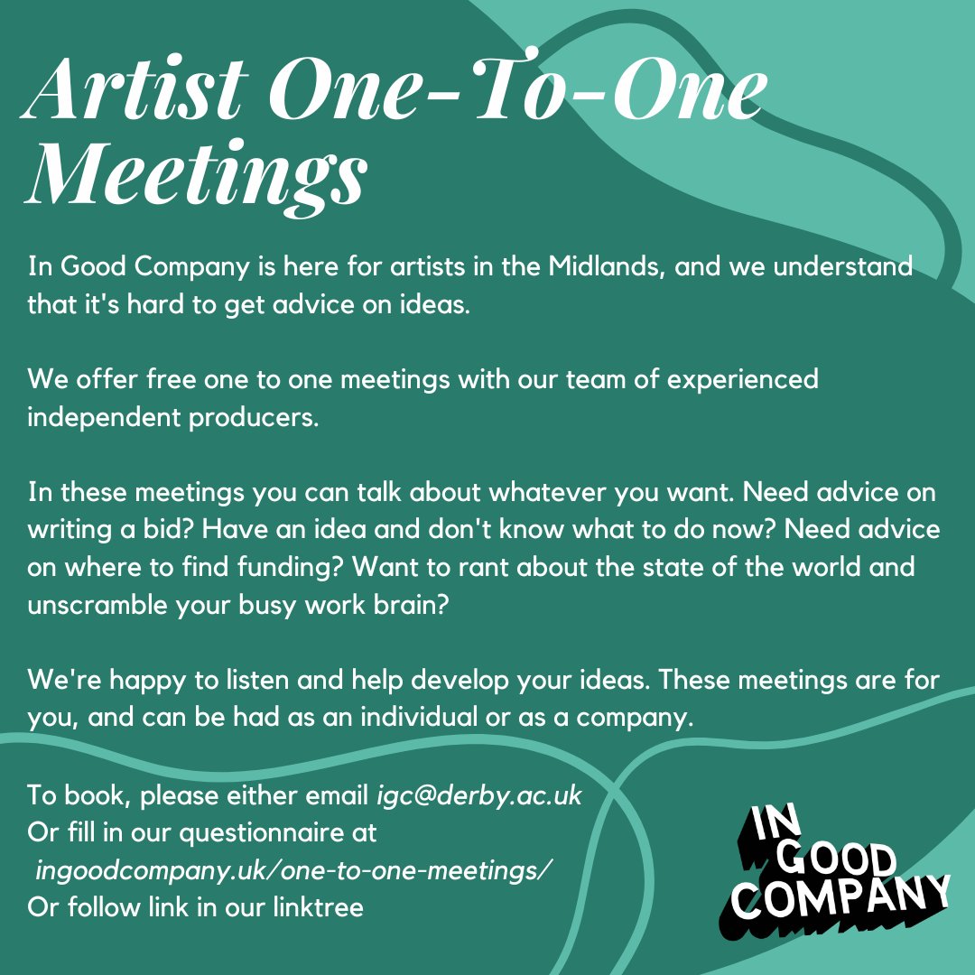 ARTIST ONE TO ONE MEETINGS

We're offering free 1-2-1 meetings with our producers to help YOU.

Questions about bid writing, funding, writing ops, or just needing someone to talk your ideas through with, we're here for you.
   
Find out more and book:

ingoodcompany.uk/one-to-one-mee…