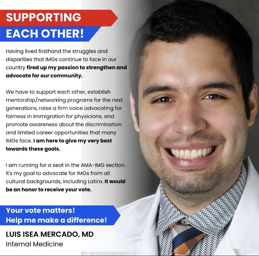 Hello everyone!! Dr Mercado is running for a seat in the AMA-IMG section. It’s an opportunity to work at the national level to advocate for IMGs, immigration reform, and promote mentorship/networking for applicants. Please check the bio of all candidates. #AMAelection