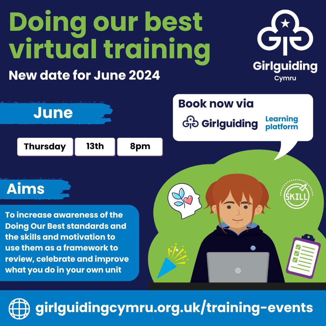 🌟 Girlguiding Cymru Doing our best virtual training. Date: Thursday 13 June 2024. Aims: To increase awareness of the Doing Our Best standards and the skills and motivation to use them as a framework. Register now: girlguidingcymru.org.uk/training-event…