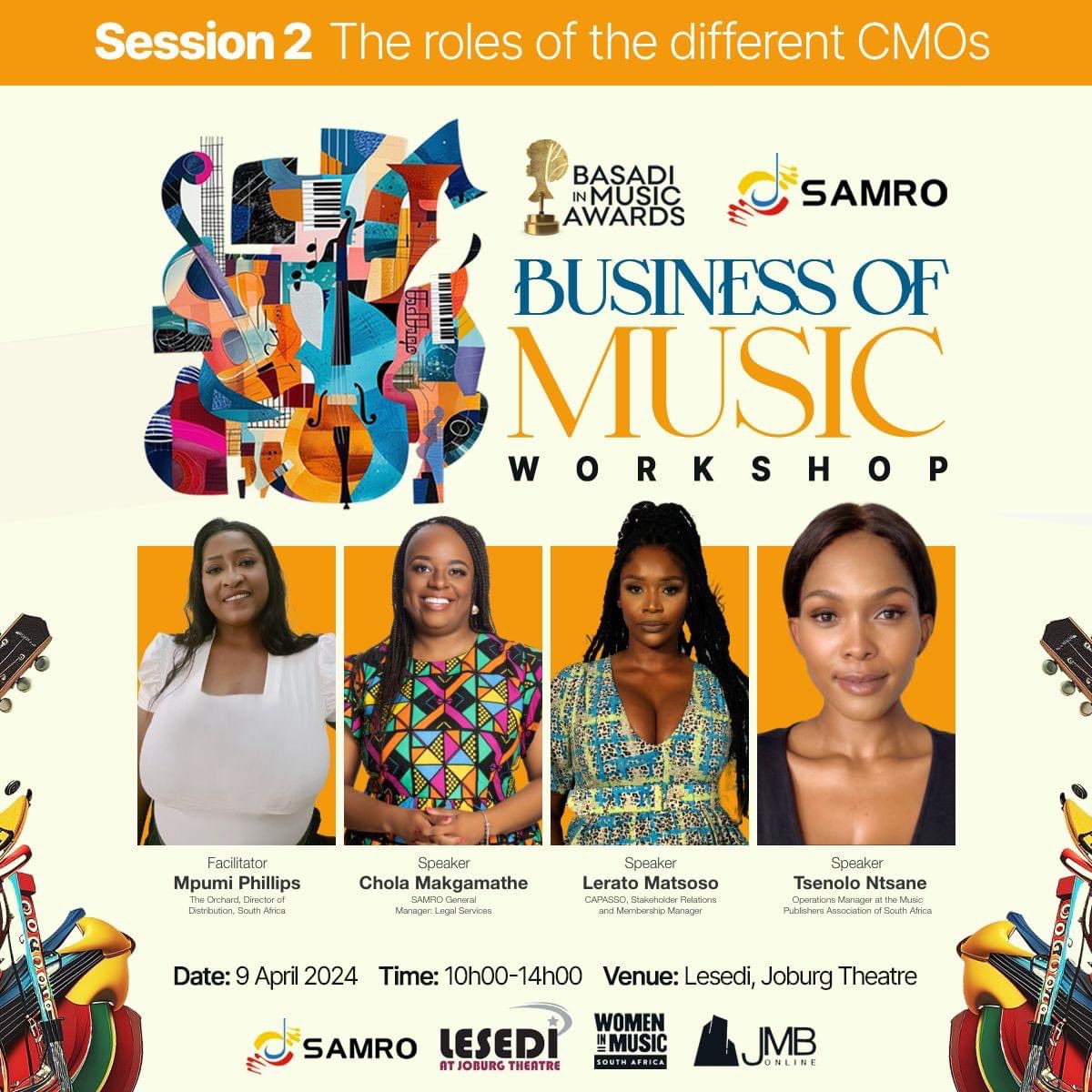 Session 2: ‘The role of the CMO’ culminated in a performance by Noluthando at the SAMRO in collaboration with @basadiinmusicawards_sa workshop at the Joburg Theatre. The panel facilitated by The Orchard’s Mpumi Phillips, consisting of SAMRO’s Chola Makgamathe, CAPASSO’s Lerato…