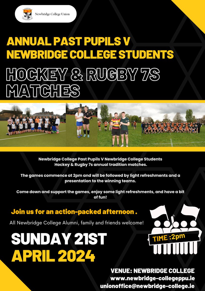 👉Join us for an action-packed afternoon of Hockey and Rugby… Newbridge College Past Pupils v Newbridge College Students 21st April 2024. Come down & support the games at 2 pm followed by light refreshments and a presentation to the winning teams. #newbridgecollegeunion