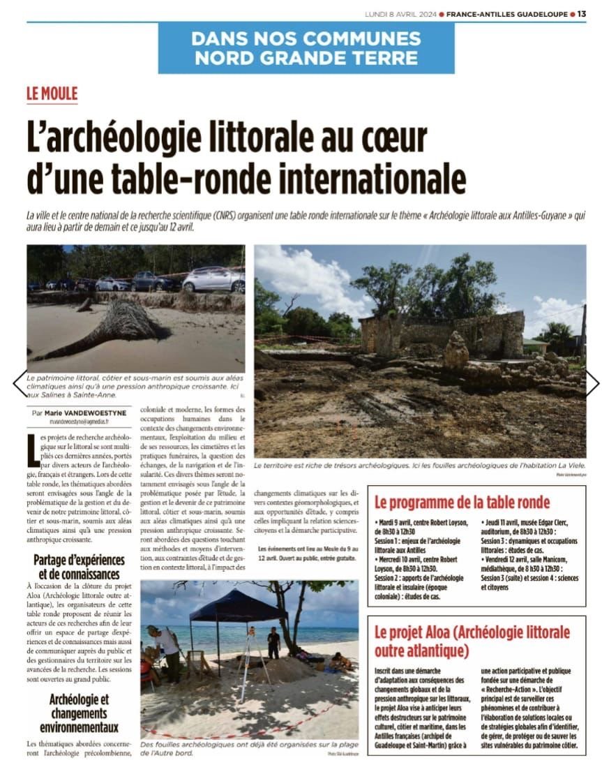 📢 Aujourd'hui : lancement de la Table-ronde internationale sur l'archéologie littorale avec @YvaneDaire, @CReAAH_UMR6566 
🗓️ jusqu'au 12 avril, Le Moule, Guadeloupe 
@CNRS_dr17 @CNRSecologie @Drassm_Culture  @OSURennes 
+ creaah.cnrs.fr/wp-content/upl…