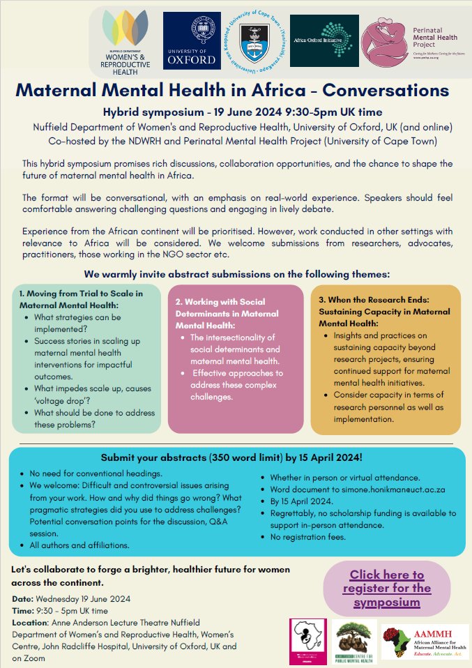Nicole Votruba (@nicolevotruba) on Twitter photo Submit your abstract by 15 April for our symposium "Maternal Mental Health in Africa - Conversations" taking place in Oxford & online on 19 June 2024.
Free registration: lnkd.in/epPuAVpK
Excited to be hosting this symposium with <a href="/SimoneHonikman/">Simone Honikman</a> <a href="/Ox_wrh/">Nuffield Dept of Women's & Reproductive Health</a> <a href="/Africa_Oxford/">AfOx</a> Submit your abstract by 15 April for our symposium "Maternal Mental Health in Africa - Conversations" taking place in Oxford & online on 19 June 2024.
Free registration: lnkd.in/epPuAVpK
Excited to be hosting this symposium with <a href="/SimoneHonikman/">Simone Honikman</a> <a href="/Ox_wrh/">Nuffield Dept of Women's & Reproductive Health</a> <a href="/Africa_Oxford/">AfOx</a>