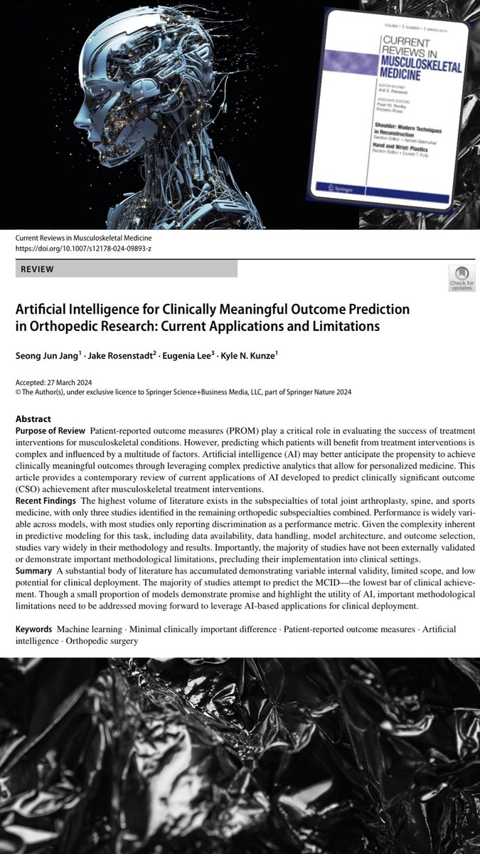 Check out this review on the current state of #AI research for predicting patient outcomes in musculoskeletal health! rdcu.be/dEaGe @SeongJang22 @HSSProfEd @HSpecialSurgery #orthotwitter