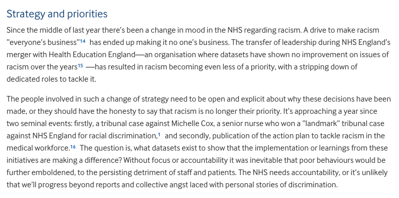 There is continued data sets & reports(@braphumanrights @rogerkline) showing issues with #Racism in #NHS Why is that surprising given the deliberate decision by @NHSE_WTE to downgrade all work related to tackling this? Via @bmj_latest @AntonEmmanuel2 bmj.com/content/384/bm…