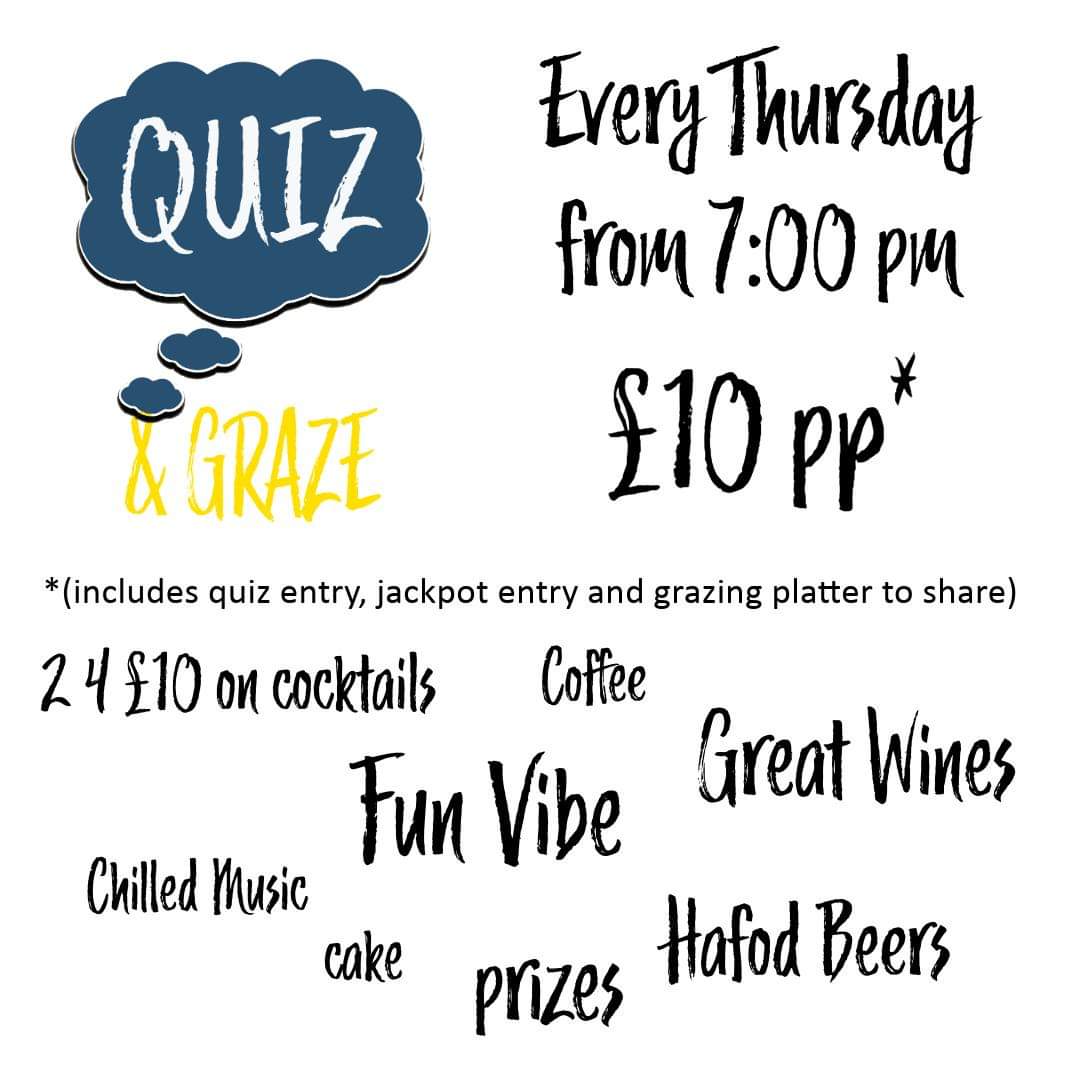 Quiz & Graze this Thursday and Every Thursday from 7:00 pm, £10 pp. Lots of fun and great vibes. Price includes entry, jackpot ticket and a sharing platter. Limited spaces. #Mold #Flintshire #NorthWales #NorthWalesSocial #quiznight #quiz #cocktails #wines #beers #coffee #cake