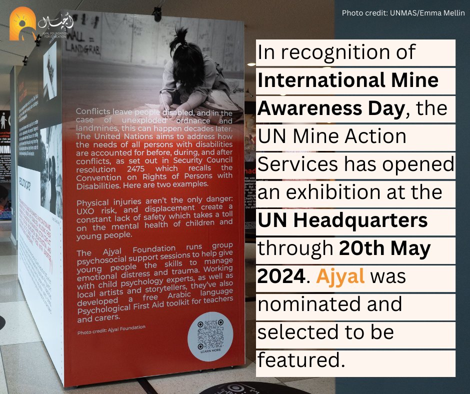 AjyalFoundation's tweet image. Ajyal is so honoured to be spotlighted by @UNMAS in the display at the UN Headquarters  in recognition of #IMAD2024. Ajyal was nominated by @Legacy_of_War and selected for this exhibition. We invite you to come learn more.
#mineaction #ProtectAndBuild