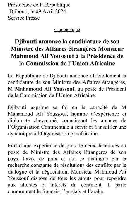 #Djibouti announces the candidacy of its Minister of Foreign Affairs Mr Mahmoud Ali Youssouf @ymahmoudali to the Presidency of the Commission of the African Union @_AfricanUnion @IsmailOguelleh