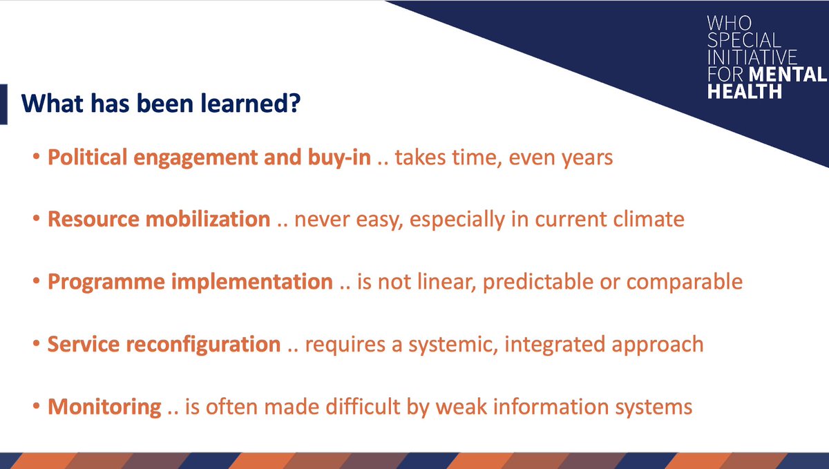 @WHO @MHIN_Africa @mhinlac @MHIN_Asia @MarkMHPSS @Fahmy__Hanna__ @BenJackAdams @MichelleFunk3 Reflections from the implementation of the @WHO Special Initiative for Mental Health presented by Dr Dan Chisolm during the webinar on reforming Mental Health Systems and Services: Lessons from WHO's Special Initiative for Mental Health