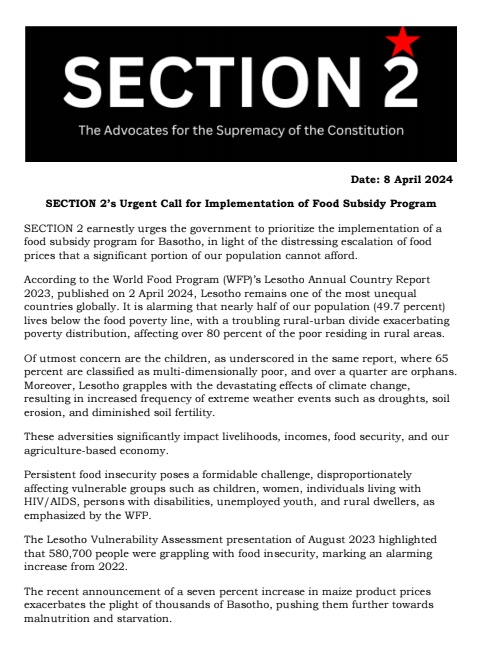 Section2Lso's tweet photo. SECTION 2 earnestly urges the government to prioritize the implementation of a food subsidy program for Basotho, in light of the distressing escalation of food prices that a significant portion of our population cannot afford. https://t.co/ClLtIUQoma