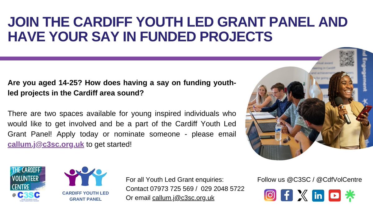 Aside from the #YouthLedGrant being open for applications, we're also keen to invite talented young people to join the #panel! This is a fantastic opportunity for young people 14-25 to oversee the #youth projects that get funded. Email callum.j@c3sc.org.uk to find out more.