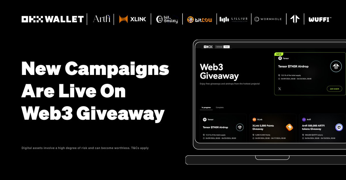 wallet's tweet photo. ✨ New giveaways with @XLinkbtc, @artfiglobal, @bitsmiley_labs, @wormhole, @LilliusOfficial, @tensor_hq &amp; @WUFFI_Inu are live on our Wallet!

📱 OKX App:  Wallet > More > Web3 Giveaway
🖥️ Desktop: https://t.co/w5E3TV7lkA

🧵 Stay tuned for more in the thread! https://t.co/6Rek9bADWU