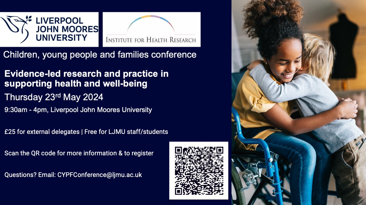 Join us at the @LJMU_IHR Children, Young People & Families conference at @LJMU on Thursday 23rd May. Learn from evidence-led research and practice, presentations, and workshops on supporting child health & wellbeing! To register: ljmu.ac.uk/research/centr…
