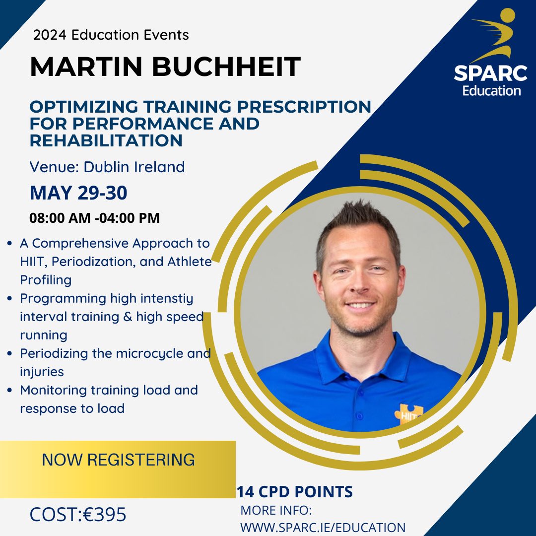 Coming to Ireland this May! 2 Days with a world class sports scientist & coach. Rehab profiling and periodisation ✅ Training Load Optimisation✅ A guide to HIIT & High speed running ✅ Learn how elite clubs maximise availability & much more! ✅ sparc.ie/store/educatio…