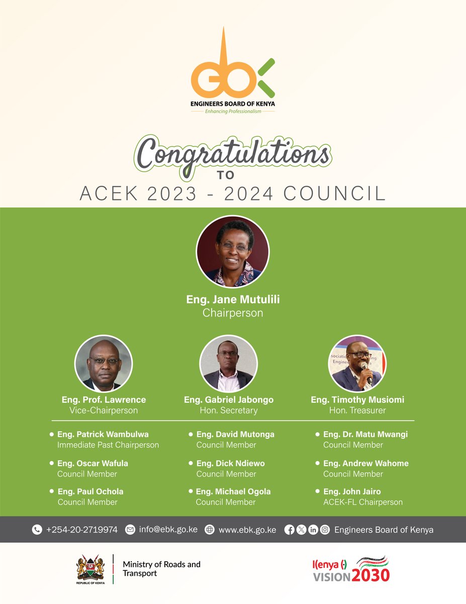 Engineers Board of Kenya (@engineersboard) on Twitter photo The Board extends its congratulations to <a href="/ACEK1968/">The Association of Consulting Engineers of Kenya</a> for the successful ratification of the 2023/2024 ACEK Council during the 57th AGM held on 21st March 2024.
Well done and best wishes for a productive term ahead.
#PartnershipsAndCollaborations
#EngineeringExcellenceKe The Board extends its congratulations to <a href="/ACEK1968/">The Association of Consulting Engineers of Kenya</a> for the successful ratification of the 2023/2024 ACEK Council during the 57th AGM held on 21st March 2024.
Well done and best wishes for a productive term ahead.
#PartnershipsAndCollaborations
#EngineeringExcellenceKe