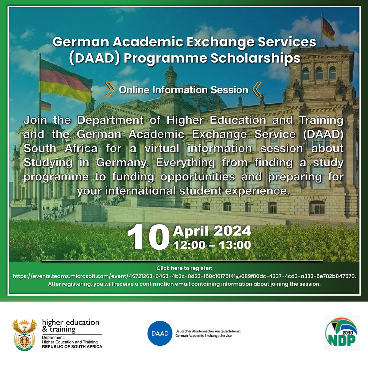 Join the Department of Higher Education and Training and the German Academic Exchange Service (DAAD) South Africa for a virtual information session about studying in Germany.

#InternationalScholarship