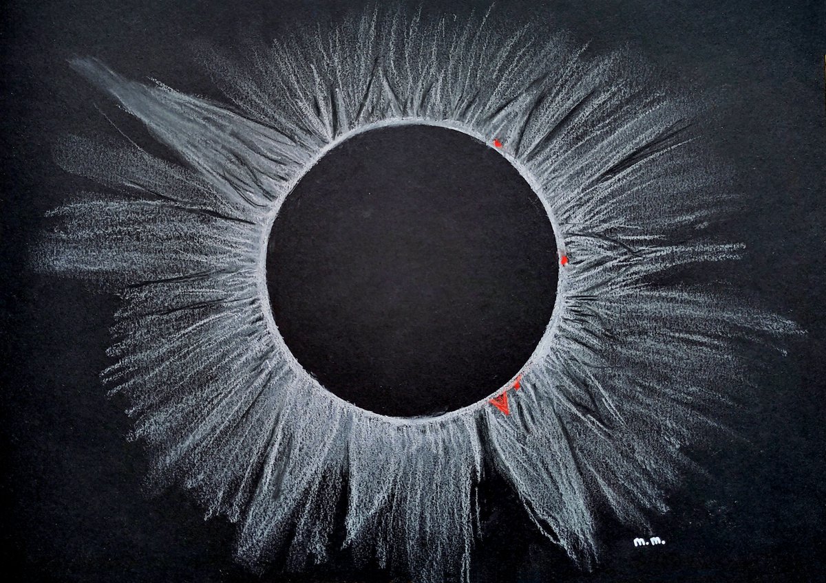 My #PastelSketch of #Totality during yesterday's #TotalSolarEclipse. I didn't see it in person so I used the amazing photo shared by @tomkerss as a reference image. The #corona looks so different from when we saw the 2017 #eclipse during solar minimum!