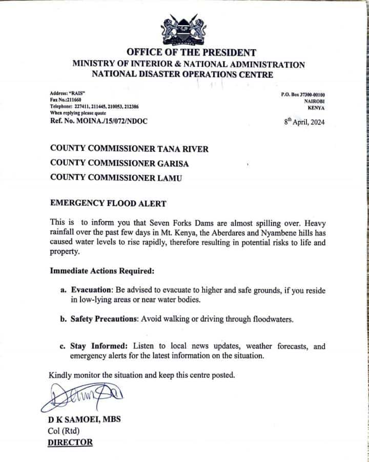 Seven folks dam flood alert