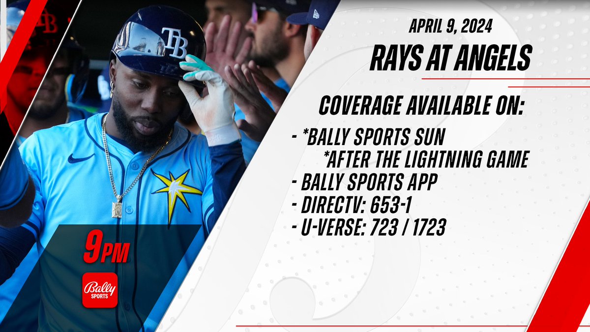 Hey @RaysBaseball fans: Tonight’s pregame show will begin at 9 p.m. on the Bally Sports app and some alternate channels. Game coverage begins on Bally Sports Sun at 9:30 p.m. or after the Lightning game is over.