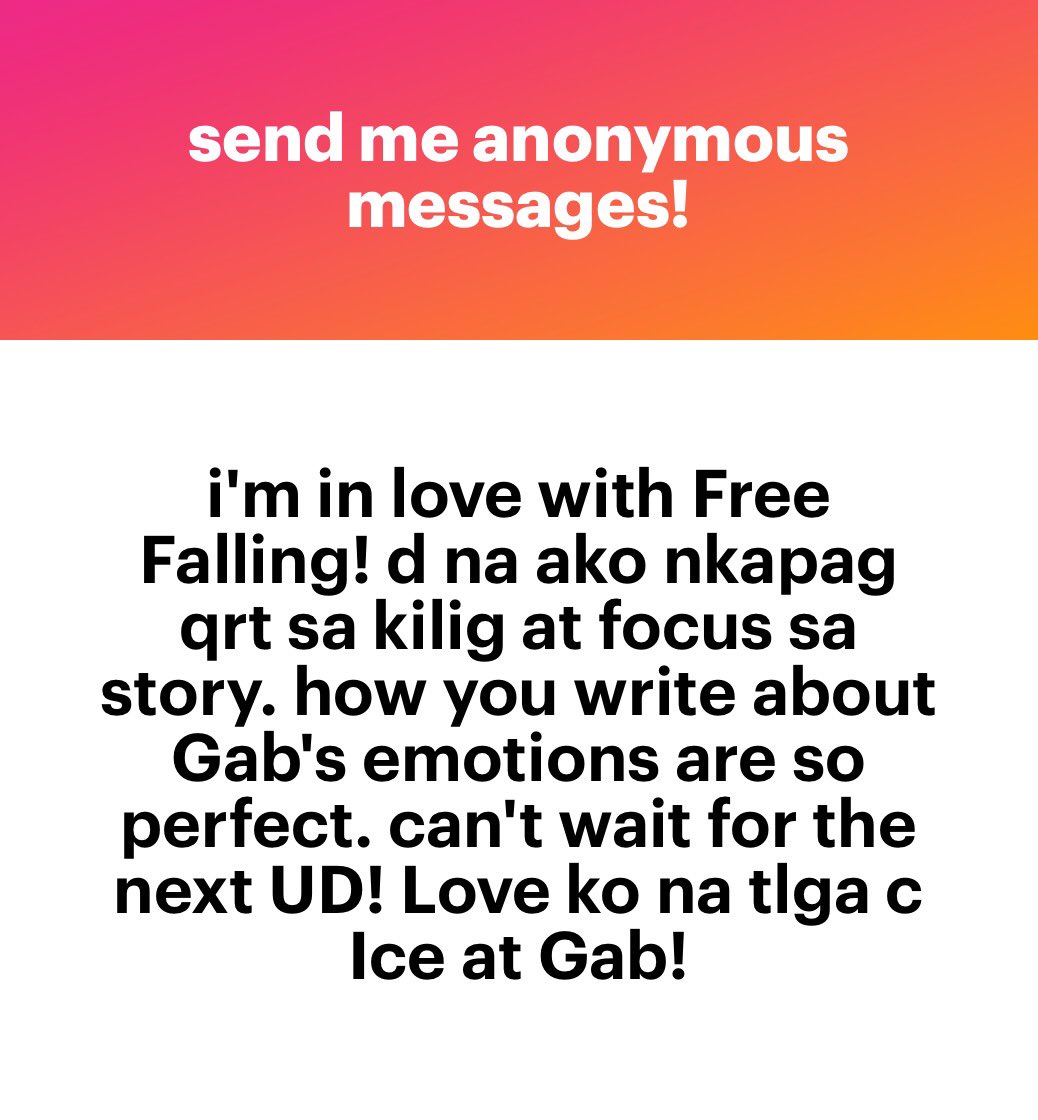 i super appreciate your thoughts. Thank you for reading and writing this feedback for Free Falling. 

Naghahanap lang ulit ng inspo and working on my storyline so I can write the next panels. 

ps. Ice and Gab loves you too 🥹
#FreeFalling 
#FreeFallingKentinAU
