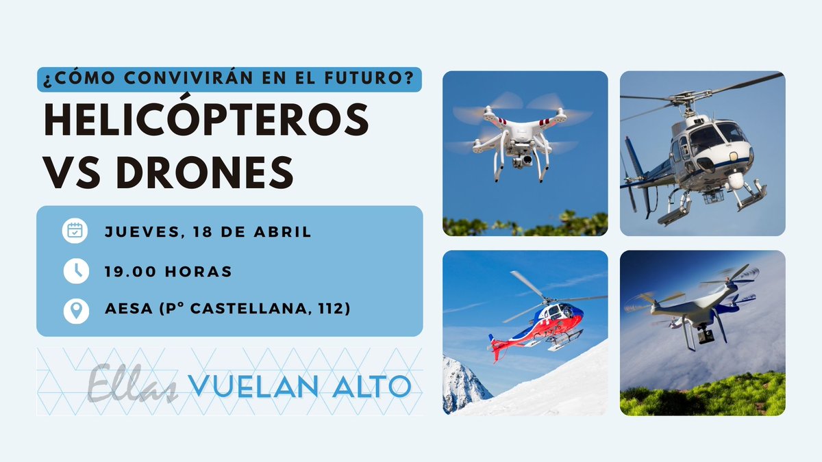 📍 La sede de <a href="/AesaSpain/">Agencia Estatal de Seguridad Aérea (AESA)</a> acogerá el 18 de abril la jornada organizada por @ellasvuelanalto 🚁 #Helicópteros Vs #Drones.

El panel de expertas contará con Elena Carrera, coordinadora de Operaciones Aéreas y Aeronavegabilidad de #AESA.

Registro y ➕info en bit.ly/43RL3Wk