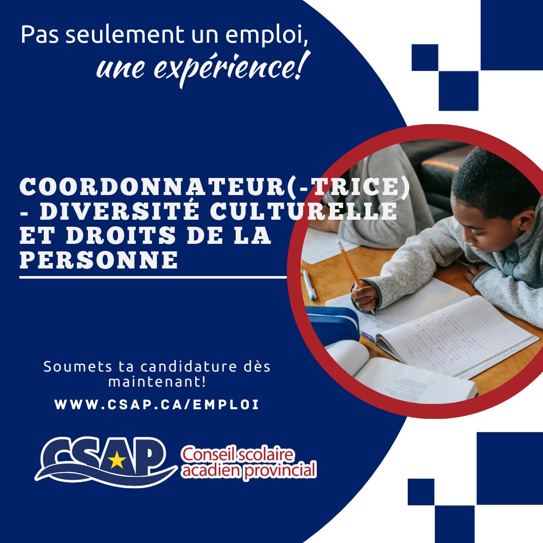 Pas seulement un emploi, une expérience!

Nous sommes à la recherche d’un(e) Coordonnateur(-trice) - Diversité culturelle et droits de la personne pour combler notre équipe!

jobs.ednet.ns.ca/job-invite/826…

#EmploiEnFrançais #CSAP #Acadie #Expérience

Postuler ou partager