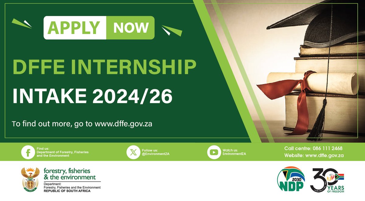 📢𝗥𝗘𝗠𝗜𝗡𝗗𝗘𝗥!!! The closing date for the DFFE 2024-2026 Internship programme is this Friday,𝟭𝟮 𝗔𝗽𝗿𝗶𝗹 𝟮𝟬𝟮𝟰. Eligible SA Youth are encouraged to apply! Find more information here➡️ bit.ly/48XbgDZ