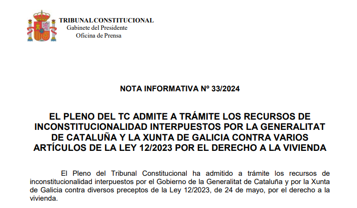 Nota de prensa | El Pleno del TC admite a trámite los recursos de inconstitucionalidad interpuestos por la Generalitat de Cataluña y la Xunta de Galicia contra varios artículos de la Ley 12/2023 por el derecho a la vivienda tribunalconstitucional.es/NotasDePrensaD…