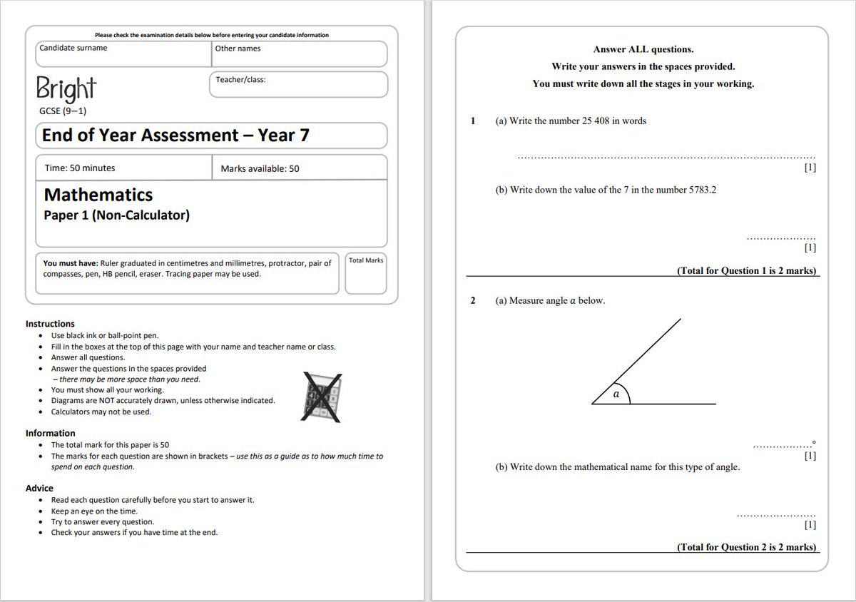 🎓Year 7 end of year assessment 🎓 The end of year exam for year 7 is now on available to download from Bright, including a mark scheme and marksheet. bright-maths.co.uk/assessments