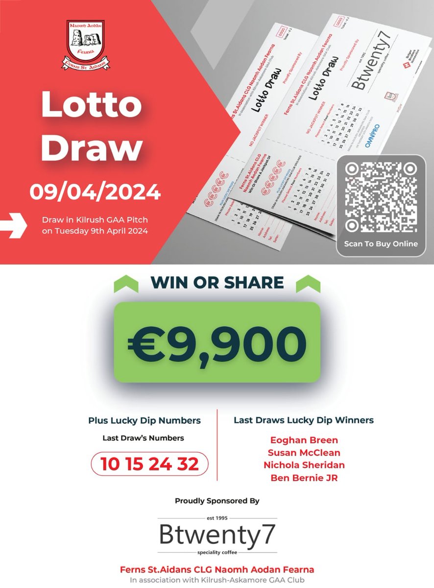 FernsGAA's tweet image. 📢 **Get Lucky with Ferns St Aidans GAA Club Lotto proudly sponsored by Btwenty7 Speciality Coffee!**

fernsgaa.clubzap.com/categories/lot…

 #FernsStAidansGAAClub #LottoDraw #BigWin #Btwenty7
