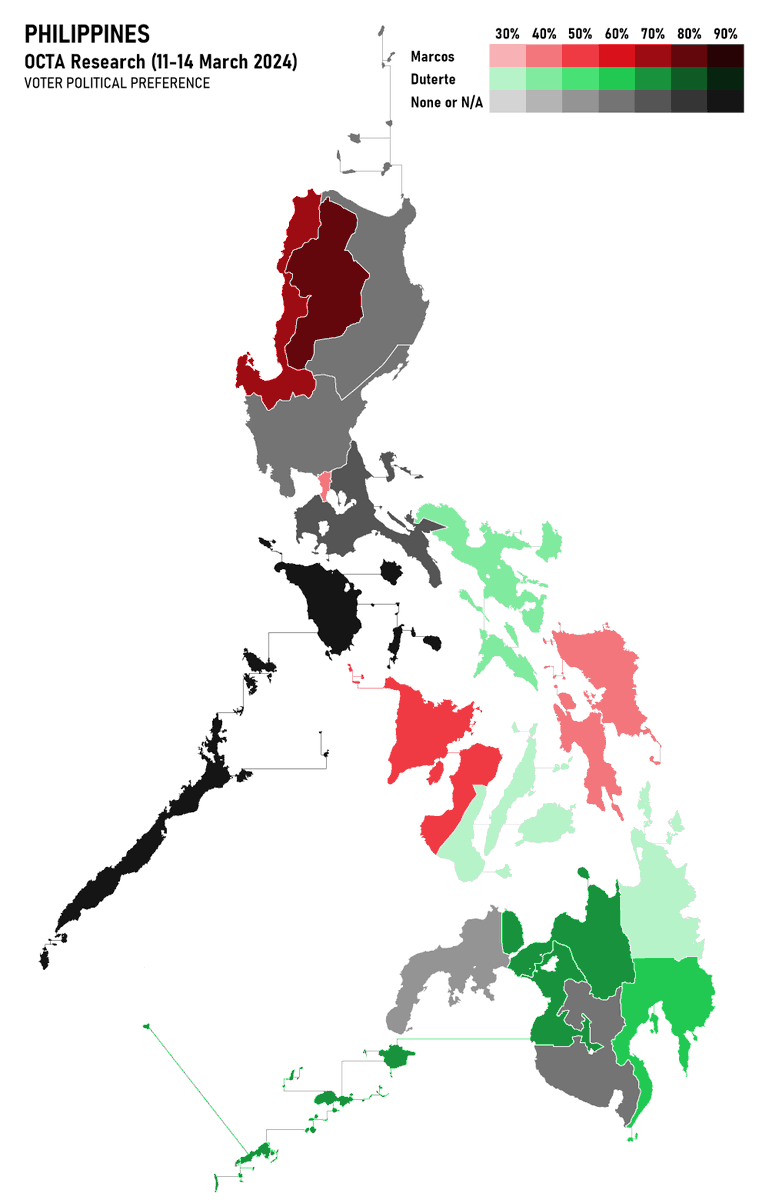 Map showing voter political preference by region in the Philippines according to OCTA Research's 2024 Q1 survey.