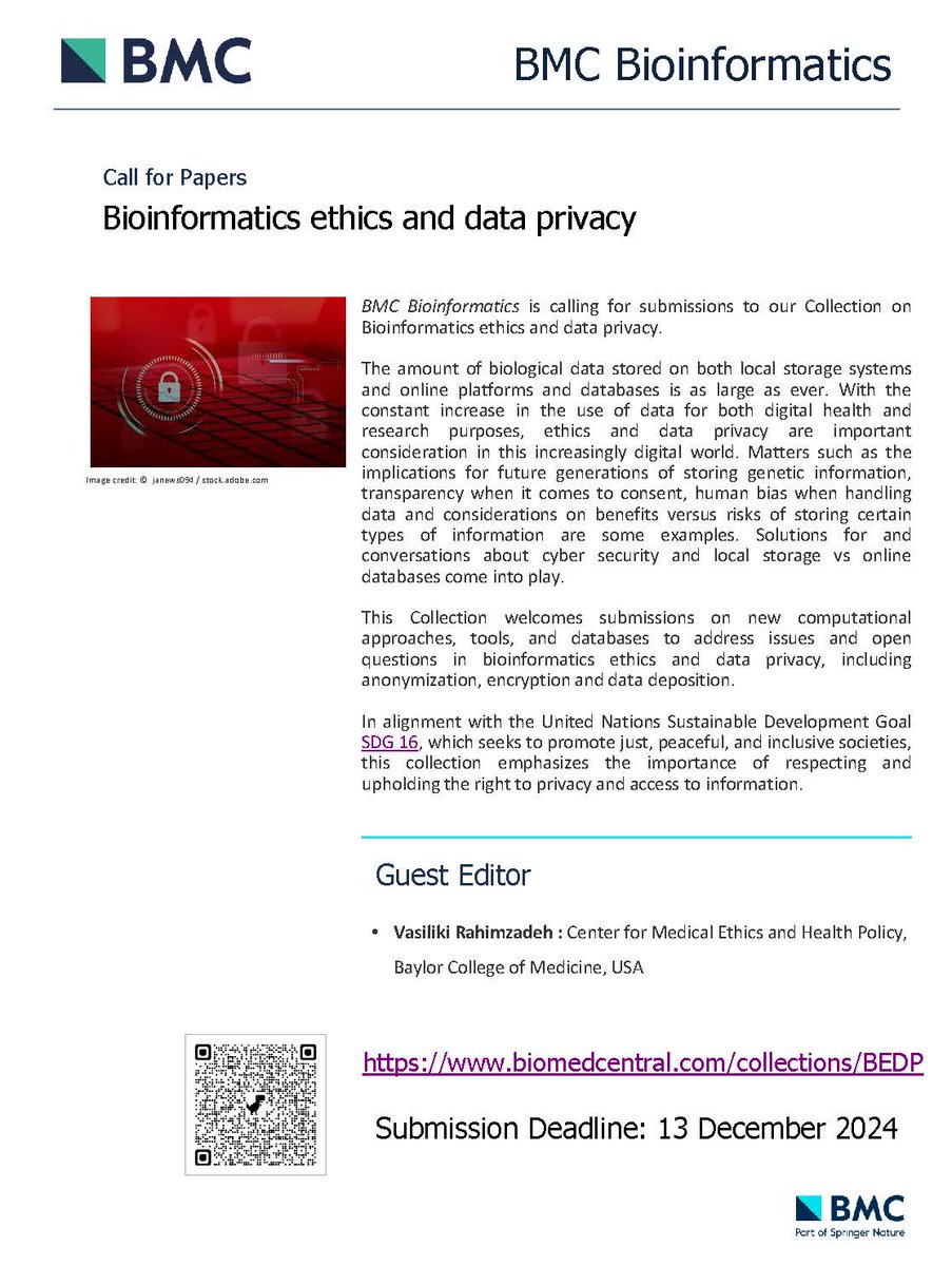 Have a paper marinating concerning data ethics, privacy, regulation or governance in the biosciences, or know someone who does? Please consider the BMC for a special issue I am editing on bioinformatics ethics and data privacy due 13 Dec 2024!