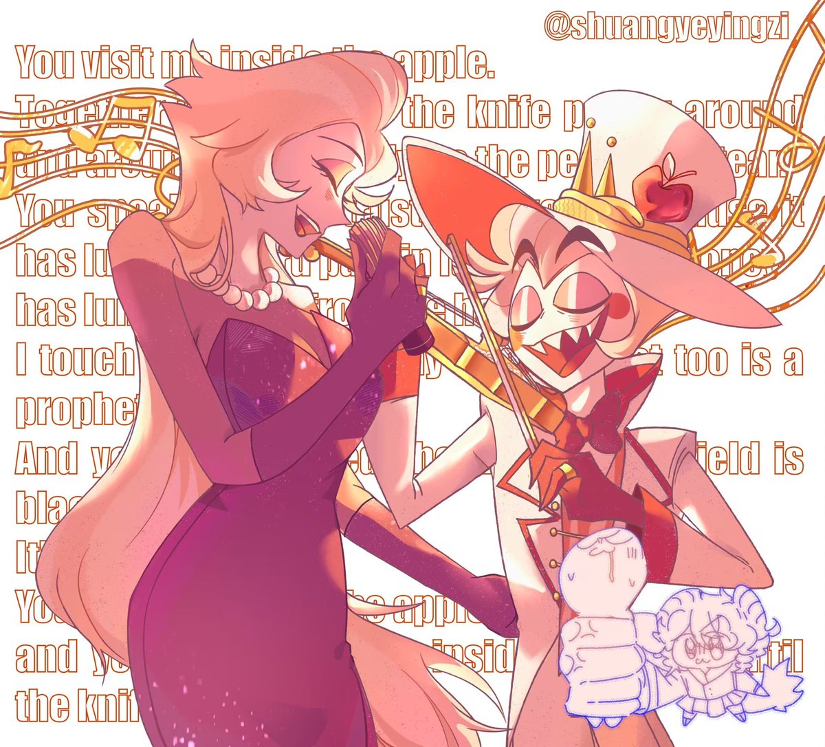 You visit me inside the apple
and you'll stay with me inside the apple until the knife finishes its work.🍎
#lucilith #HazbinHotelLilith #HazbinHotelLucifer #HazbinHotelFanart #LilithxLucifer