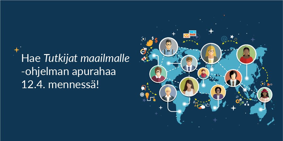 Kiinnostaako tutkimusjakso ulkomailla? 🌍 #TutkijatMaailmalle-apurahahaku on auki vielä 12.4 asti🗓️ Jaossa on yhteensä 450 000 euroa tutkimusvierailuihin ulkomailla. Hae nyt ⬇️ tutkijatmaailmalle.fi/apurahat/ #TutkijatMaailmalle #apurahat #kansainvälisyys