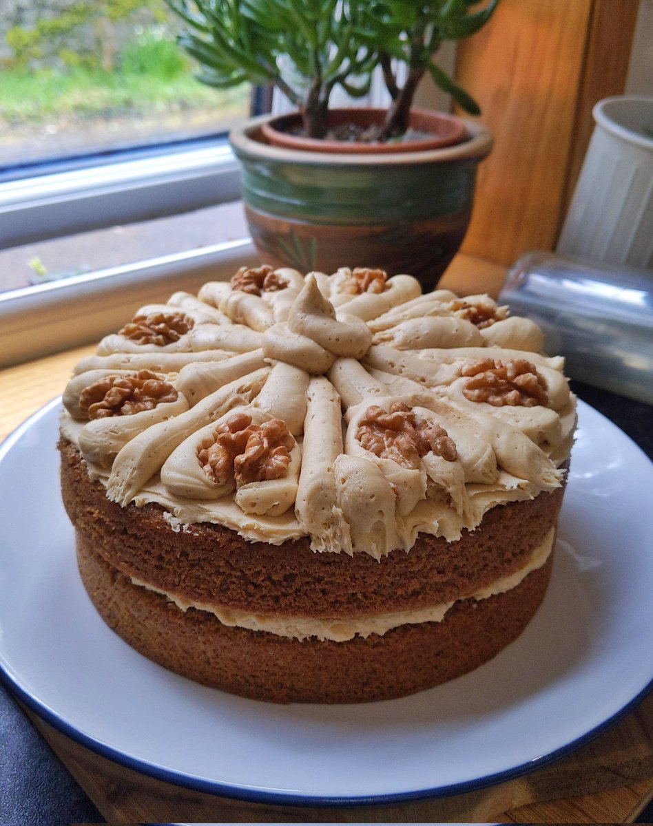 It's my partner's bday, and I don't think I've ever baked a cake more full of sugar, butter and coffee D: (disregard how messy it looks, piping is not my forte 😅)