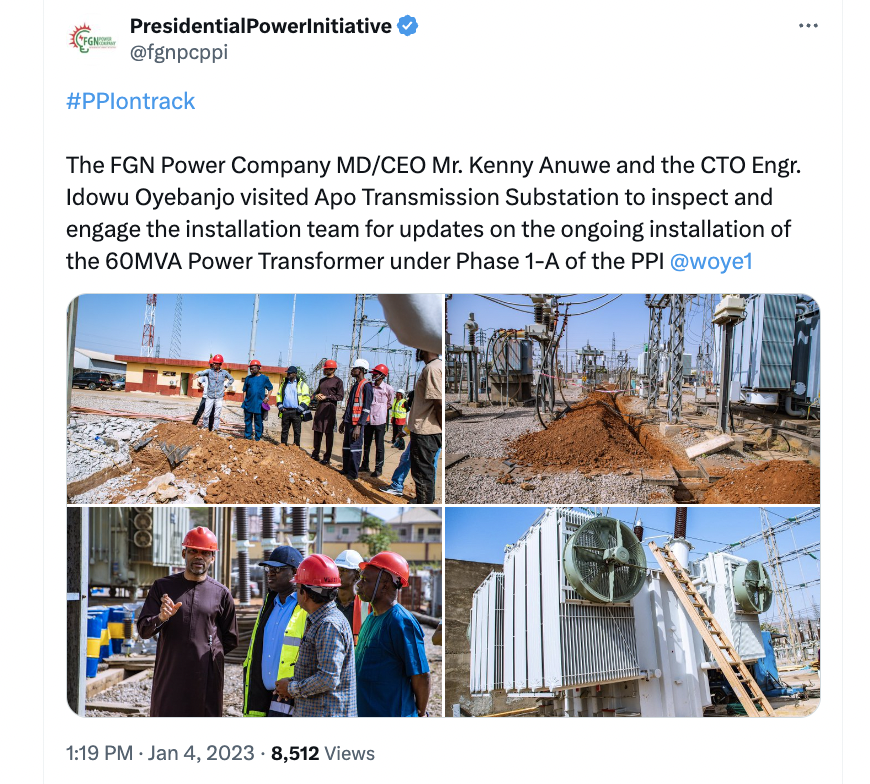 These are all tweets from FGN Power Co. @fgnpcppi (SPV implementing Siemens project #PPINigeria)—tweets dated May 2023, Jan 2023, Dec 2022—showing arrival & installation of some of the 10 Transformers & 10 Substations (ordered Dec 2021), which had started arriving 🇳🇬 in Sept 2022