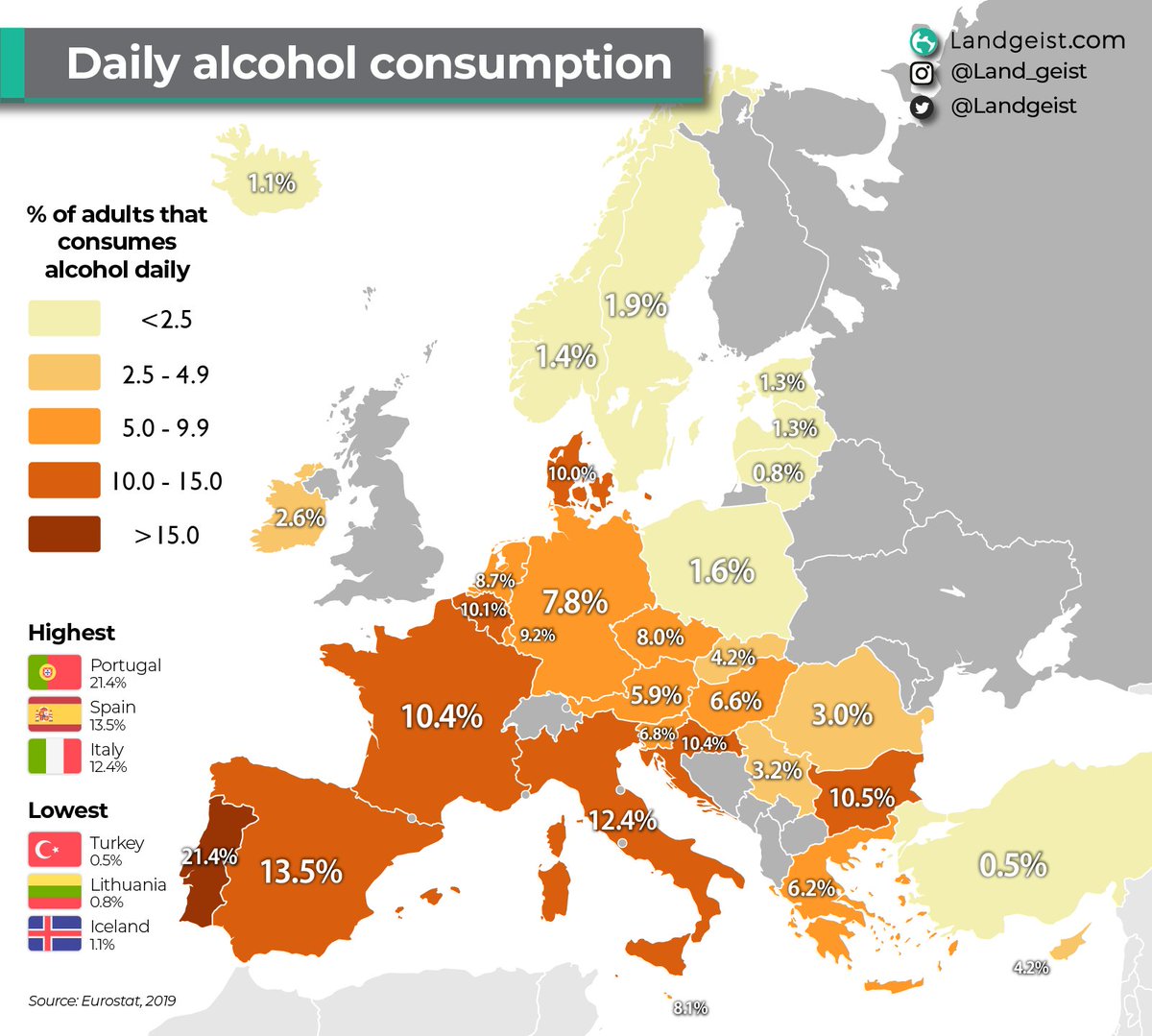 % of daily drinkers in #Europe Full article: landgeist.com/2024/04/13/dai… #maps #GIS #dataviz #GeoSpatial #Spatial