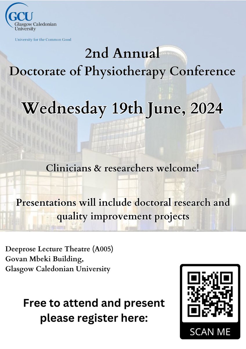 Looking forward to the 2nd Annual DPT conference, of which I am part organising again @GCUPhysio @GCUSHLS Last year was fantastic for networking & developing my own understanding of the work our DPTs are doing with clinicians in different Scottish Healthboards See you there 🤞