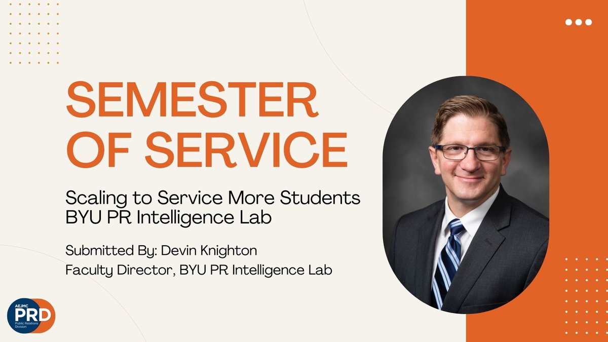 Semester of Service Spotlight 🌟Meet @devinknighton, Ph.D., APR, the visionary Faculty Director of the BYU PR Intelligence Lab! Read about what’s going on in his lab on our blog: community.aejmc.org/publicrelation… #SemesterofService #PRInnovation #PRprofs @BYUComms