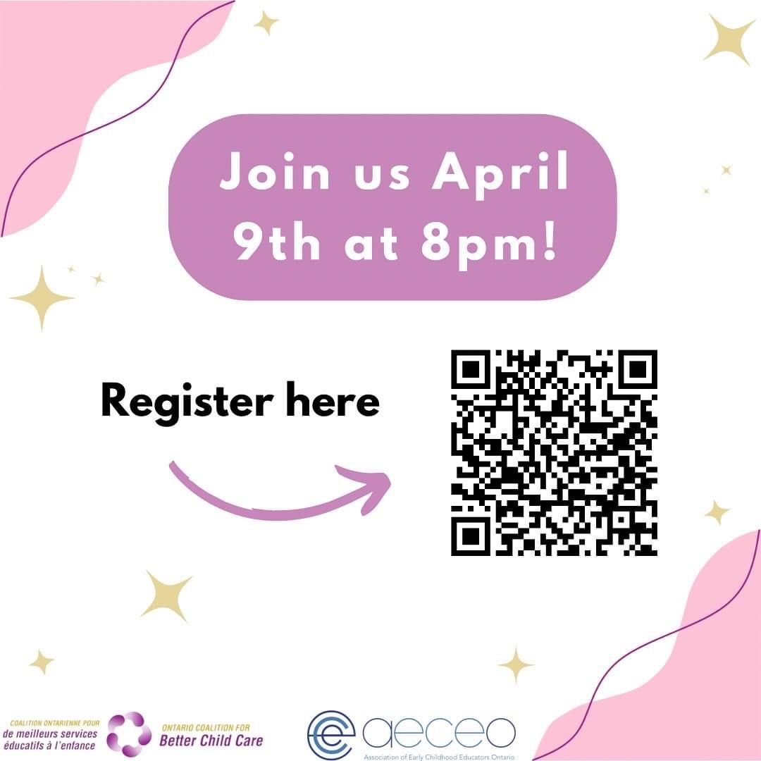 Tonight, April 9, Child Care Parent & Family Community Action meeting. Parents with and without child care are welcome. By coming together in solidarity, we hope to build our collective voice and advocate for positive change for child care in ON. Scan the QR code to register.