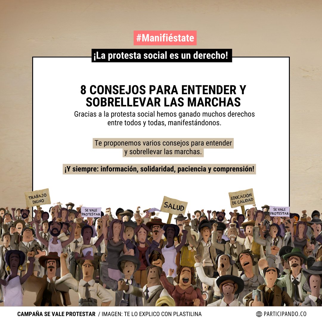 📢 ¡La protesta social es un derecho! Por eso, te proponemos ocho consejos para entender y sobrellevar las marchas 🧵 (1/3). ¡Y siempre: información, solidaridad, paciencia y comprensión! #SeValeProtestar #Manifiéstate ¡Tu voz, tu derecho!