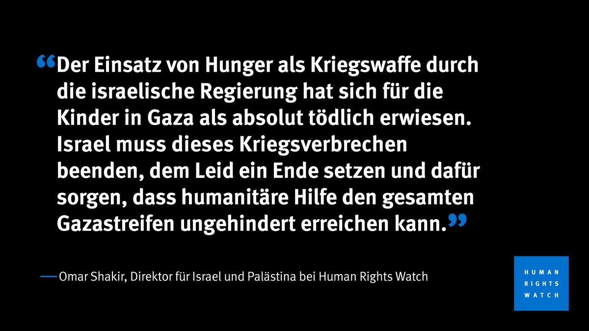 Hunderttausende Kinder in #Gaza leiden nicht nur unter dem anhaltenden Bombenhagel, sondern auch darunter, dass die israelische Regierung Hunger als Kriegswaffe einsetzt - ein Kriegsverbrechen. Mehr dazu im Daily Brief Newsletter von @astroehlein: hrw.org/de/news/2024/0…